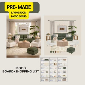 Pode incluir: Um mood board de sala de estar pré-fabricado com um sofá verde, poltronas brancas e uma mesa de centro redonda. O quarto é decorado em tons neutros e inclui uma lista de compras.
