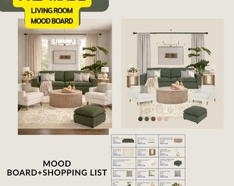 Organic Modern Living Room Mood Board | Green + Neutral Decor | Digital E-Design & Shopping List