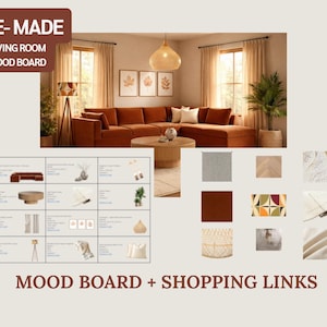 Tablero de inspiración otoñal para sala de estar / Lista de compras / Decoración rústica otoñal / Sofá terracota / Decoración acogedora y neutra para el hogar / Descarga digital