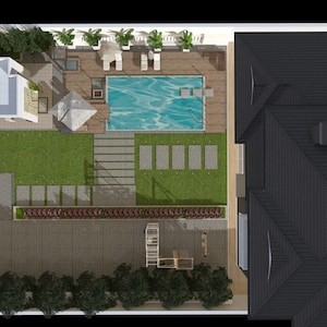 Könnte beinhalten: Draufsicht auf ein modernes Haus mit einem Garten mit Swimmingpool, Terrasse und Rasen. Das Haus hat ein dunkles Dach und eine Garage. Die Landschaftsgestaltung umfasst Bäume und Sträucher.