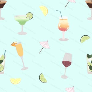 May include: A repeating pattern on a light blue background featuring various cocktails in glassware, including margaritas, wine, and mixed drinks with garnishes like lime slices, lemon wedges, and small pink cocktail umbrellas throughout.