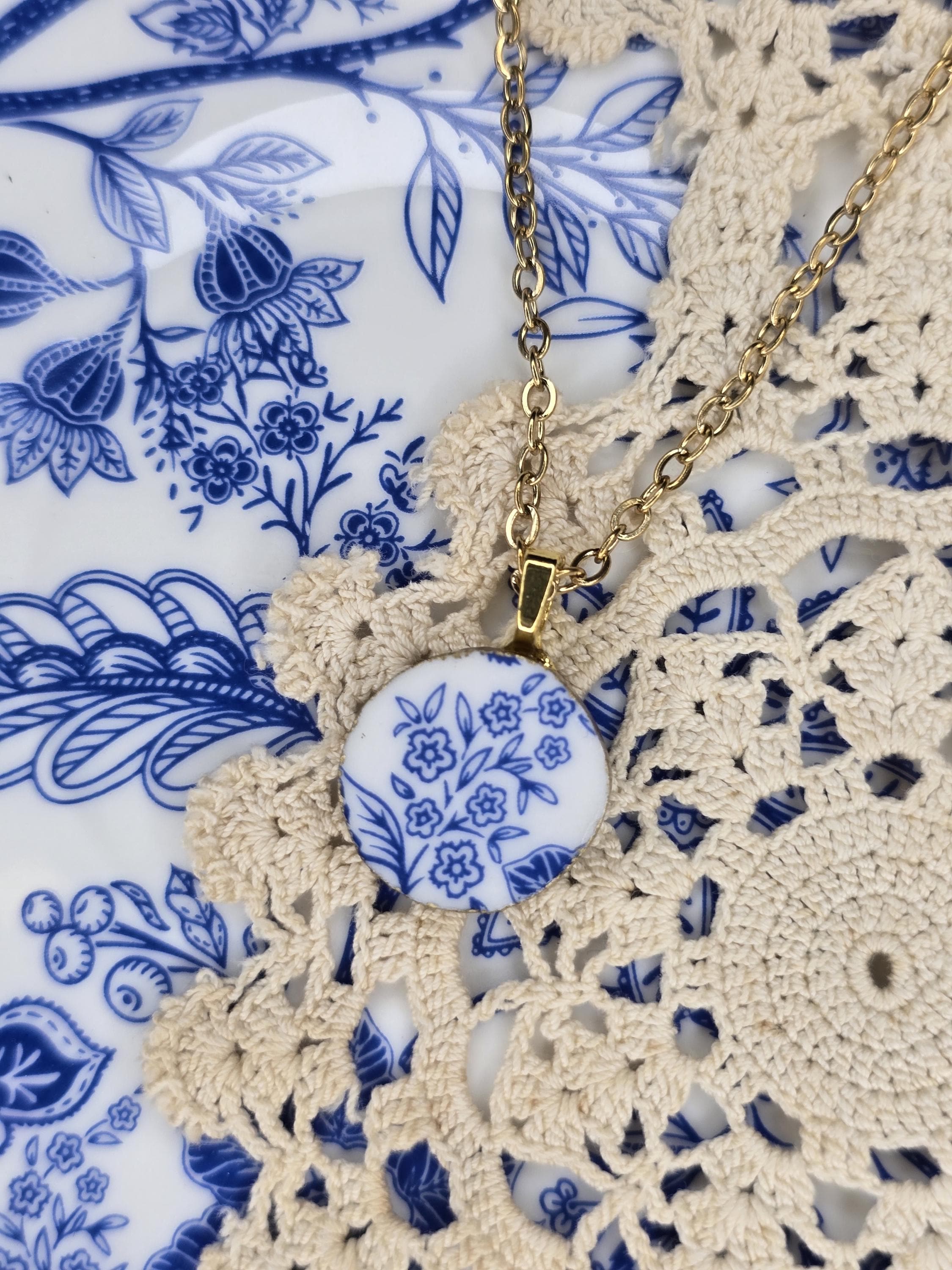 White and Blue Vintage Porcelain Necklace - Etsy