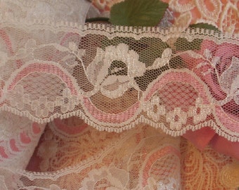 5 yards - 2 Inches Wide Chantilly lace - Cream Roses and Pink Ribbon - Flat Lace, Trim,