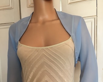 Light Blue chiffon ELBOW length sleeve bolero/shrug/jacket  with satin edging
