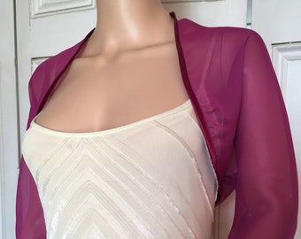 Magenta gasa CODO manga larga bolero / encogimiento de hombros / chaqueta con borde de satén