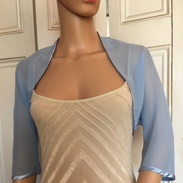 Light Blue chiffon ELBOW length sleeve bolero/shrug/jacket  with satin edging