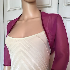 Magenta chiffon ELBOW length sleeve bolero/shrug/jacket with satin edging image 1