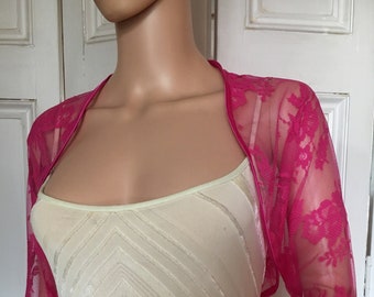 Fuchsia Cerise pink lace three-quarter length sleeved bolero/shrug/jacket  with satin edging