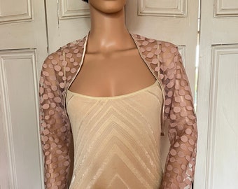 Pinky beige leaf design lace three quarter length sleeved bolero/shrug/jacket with satin edging