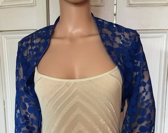 Royal blue leaf design lace three quarter length sleeved bolero/shrug/jacket with satin edging