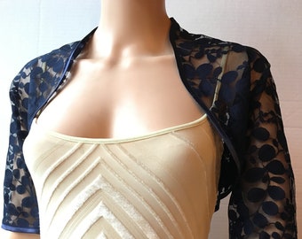 Dunkelblau/navy Blatt Design Spitze Ellbogenlänge Ärmel Bolero/Shrug/Jacke mit Satineinband