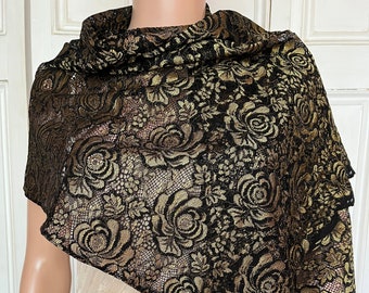 Gold and black lace stole/scarf. cover-up, with scalloped edge.  Ideal for special occasions, Christmas, New Year