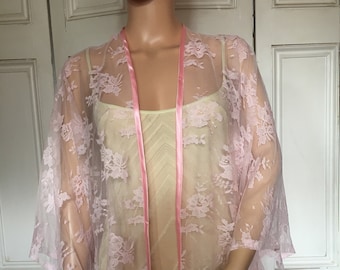 Pink lace kimono/jacket/wrap/cover-up/bolero with satin edging