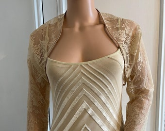 Latte/Cappuccino lace three-quarter length sleeved bolero/shrug/jacket  with satin edging