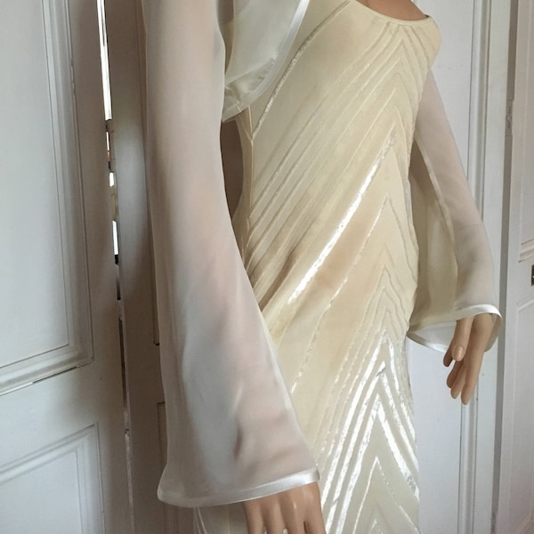 IVORY chiffon long FLARED sleeve bolero/shrug/jacket with satin edging