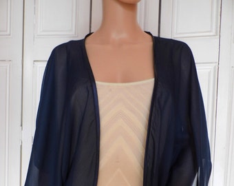 Marine blauwe chiffon kimono/jas/wrap/cover-up/bolero met satijnen rand