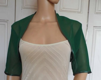 Forest Green chiffon ELBOW length sleeve bolero/shrug/jacket  with satin edging