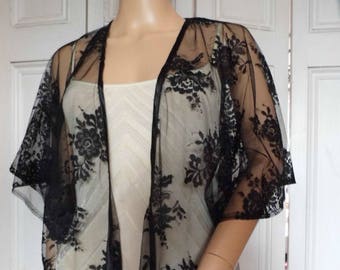 Black lace kimono/jacket/wrap/cover-up/bolero with satin edging