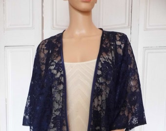 Navy blue lace kimono/jacket/wrap/cover-up/bolero with satin edging