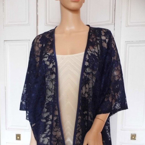 Navy blue lace kimono/jacket/wrap/cover-up/bolero with satin edging