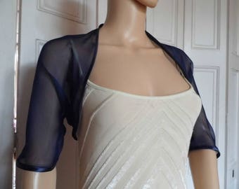 Navy Blue chiffon ELBOW length sleeve bolero/shrug/jacket  with satin edging