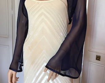Navy blue chiffon long FLARED sleeve bolero/shrug/jacket with satin edging