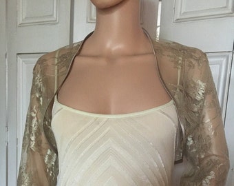 Bronze/old gold lace three-quarter length sleeved bolero/shrug/jacket  with satin edging