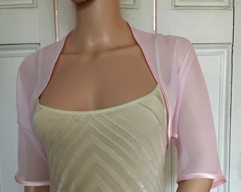 PALE PINK chiffon ELBOW length sleeve bolero/shrug/jacket with satin edging