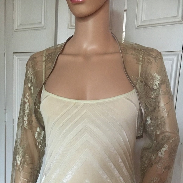 Bronze/old gold lace three-quarter length sleeved bolero/shrug/jacket  with satin edging