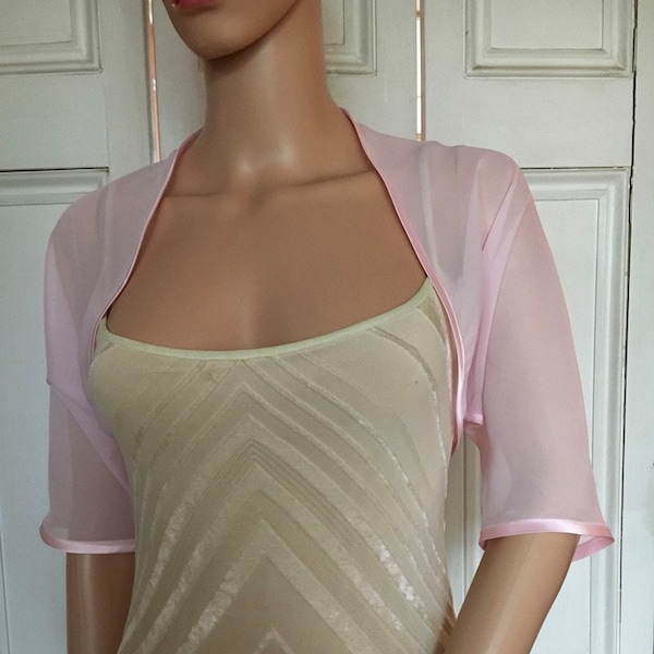 PALE PINK chiffon ELBOW length sleeve bolero/shrug/jacket with satin edging