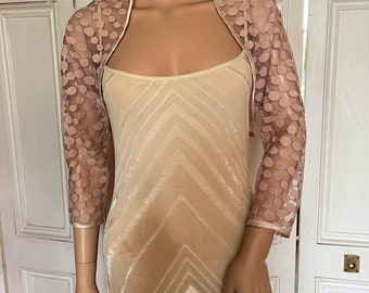 Blush pink/Champagne Oval patterned lace three-quarter length sleeved bolero/shrug/jacket  with satin edging