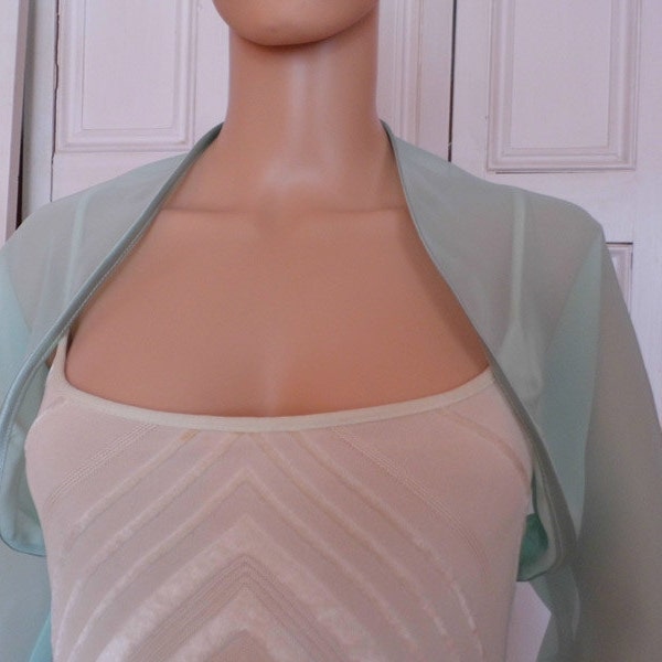 Mint green chiffon three quarter length sleeved bolero/shrug/jacket  with satin edging