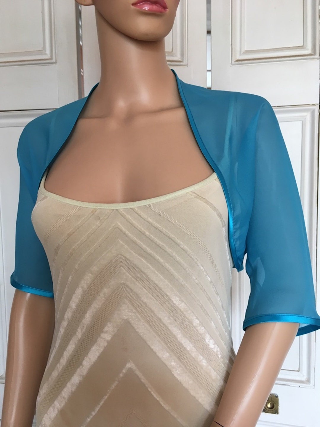 Electric Blue/bright Turquoise Chiffon ELBOW Length Sleeve Bolero
