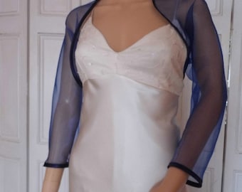 Dark blue organza three quarter length sleeved bolero/shrug/jacket  with satin edging