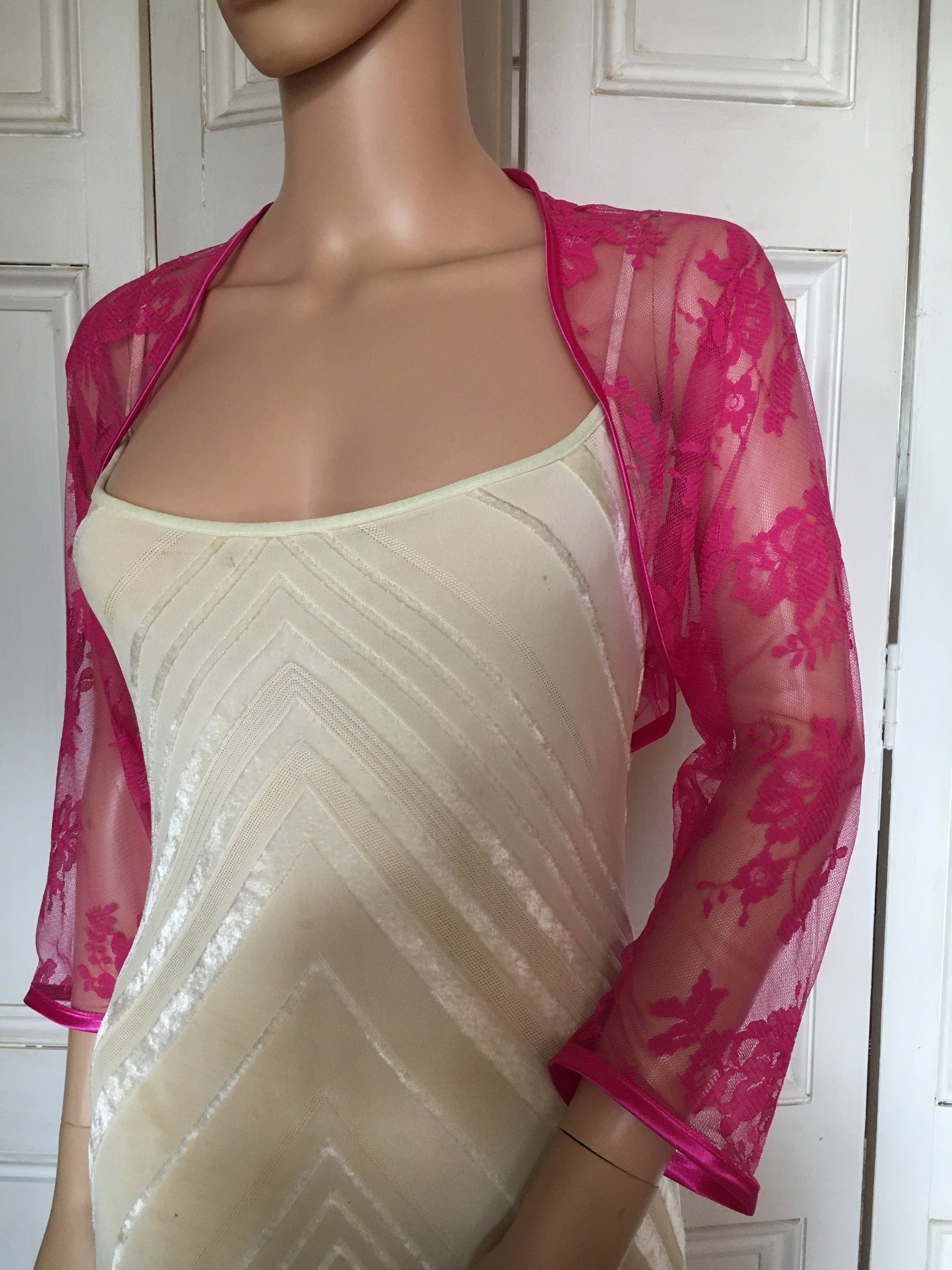 Fuchsia Cerise Pink Lace Three quarter Length Sleeved Bolero shrug jacket With Satin Edging Etsy UK