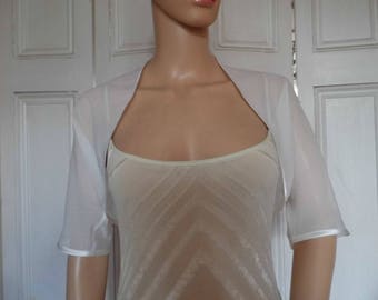 White chiffon ELBOW length sleeve bolero/shrug/jacket  with satin edging