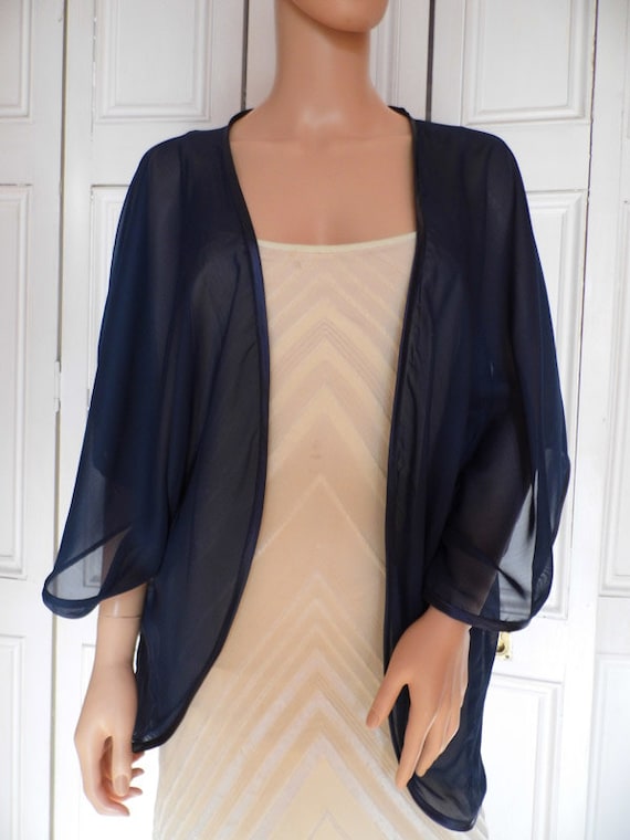 Navy Blue Chiffon Kimono/jacket/wrap/cover-up/bolero With Satin Edging 