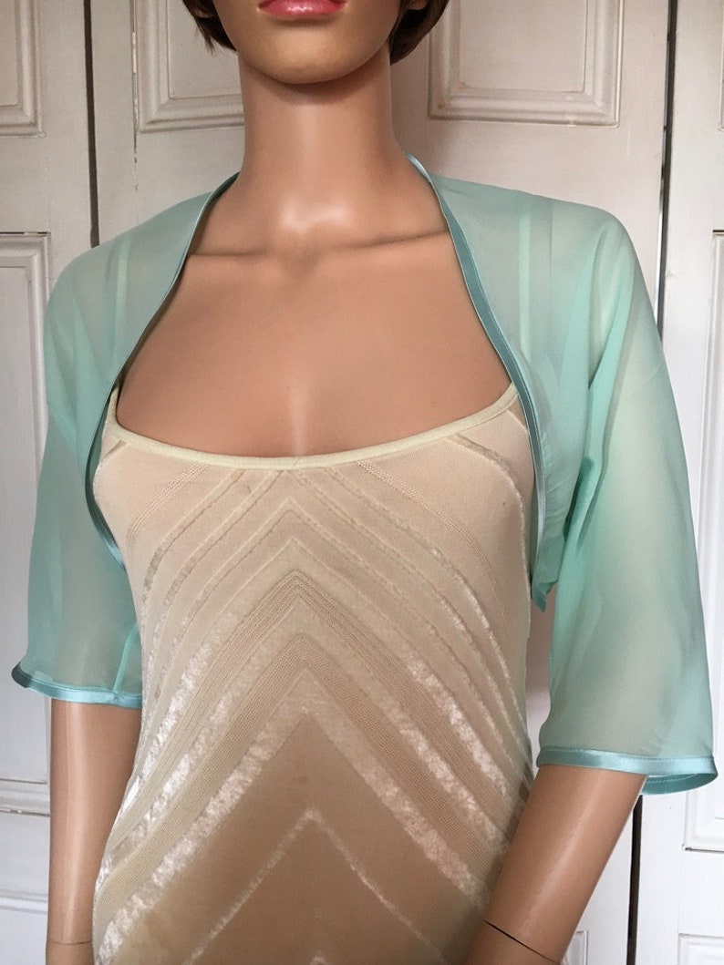 MINT GREEN chiffon ELBOW length sleeve bolero/shrug/jacket with satin edging image 1