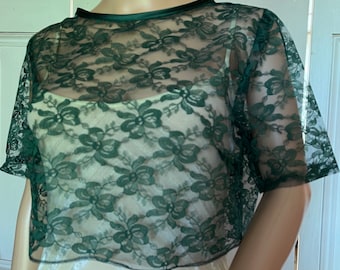 Dark Green lace short sleeve, back fastening bolero/shrug/jacket in UK sizes 8, 10, 12, 14, 16