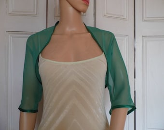 EMERALD  GREEN chiffon ELBOW length sleeve bolero/shrug/jacket with satin edging