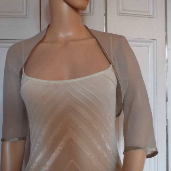 Taupe/Beige chiffon ELBOW length sleeve bolero/shrug/jacket  with satin edging