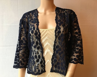 Dark blue leaf lace three-quarter length sleeved bolero/shrug/jacket