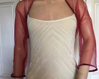 Burgundy Wine organza three quarter length sleeved bolero/shrug/jacket  with satin edging