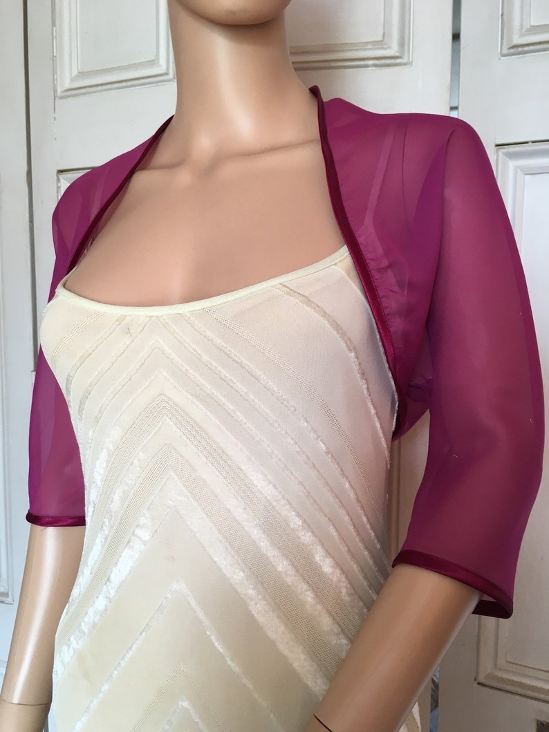 Magenta chiffon ELBOW length sleeve bolero/shrug/jacket with satin edging image 1