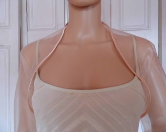 Peach/Apricot organza three quarter length sleeved bolero/shrug/jacket  with satin edging