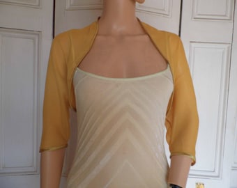 Gold chiffon ELBOW length sleeve bolero/shrug/jacket  with satin edging