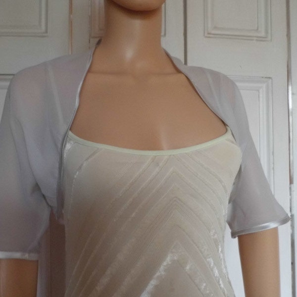 SILVER GREY chiffon ELBOW length sleeve bolero/shrug/jacket  with satin edging