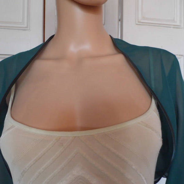 Dark Green chiffon ELBOW length sleeve bolero/shrug/jacket  with satin edging