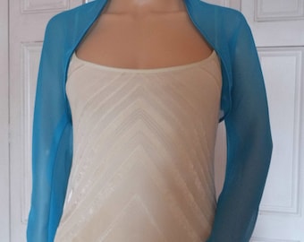 Turquoise chiffon three quarter length sleeved bolero/shrug/jacket  with satin edging