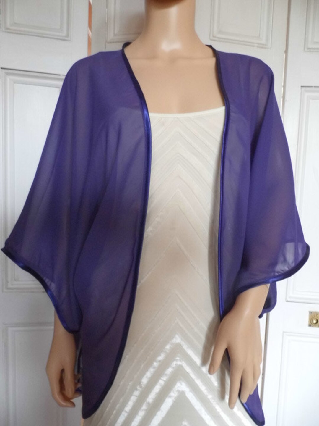 White chiffon kimono/jacket/wrap/cover-up/bolero with satin edging